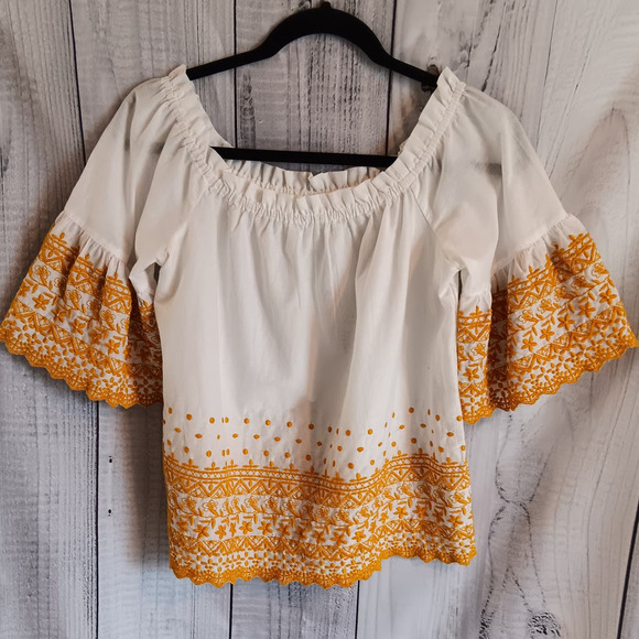 Maurices | White & Yellow Floral Embroidered Off-Shoulder Half Bell Sleeve Top - Picture 2 of 9
